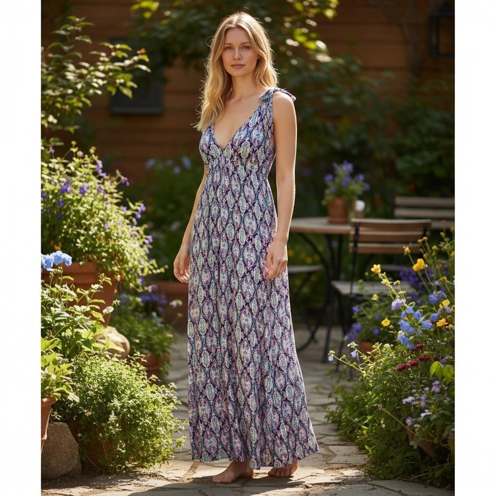 Loveappella Maxi Dress Womens XSP Multicolor Patterned Empire Waist Sleeveless